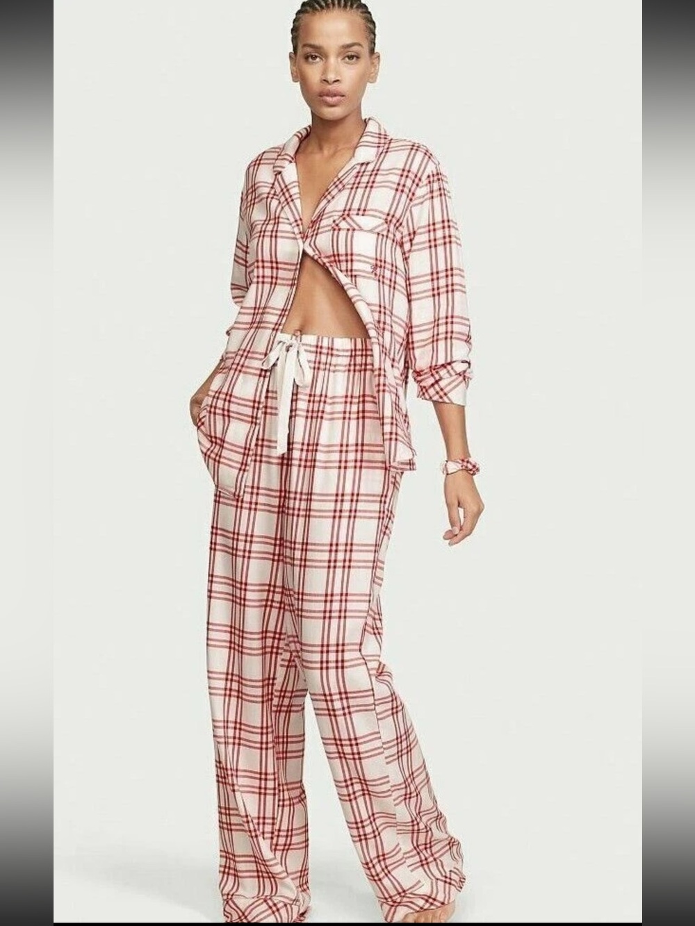 Victoria's Secret Plaid Pajama Set Metallic Sparkle Holiday Red White Large
